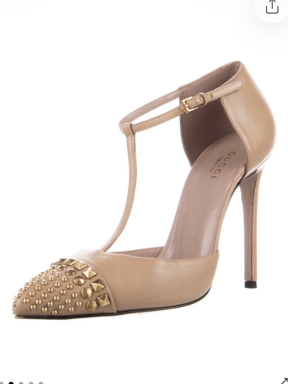 Gucci Nude Leather T-Strap Pumps 6.5 Gold Studded Pointed Toe Stiletto Heels